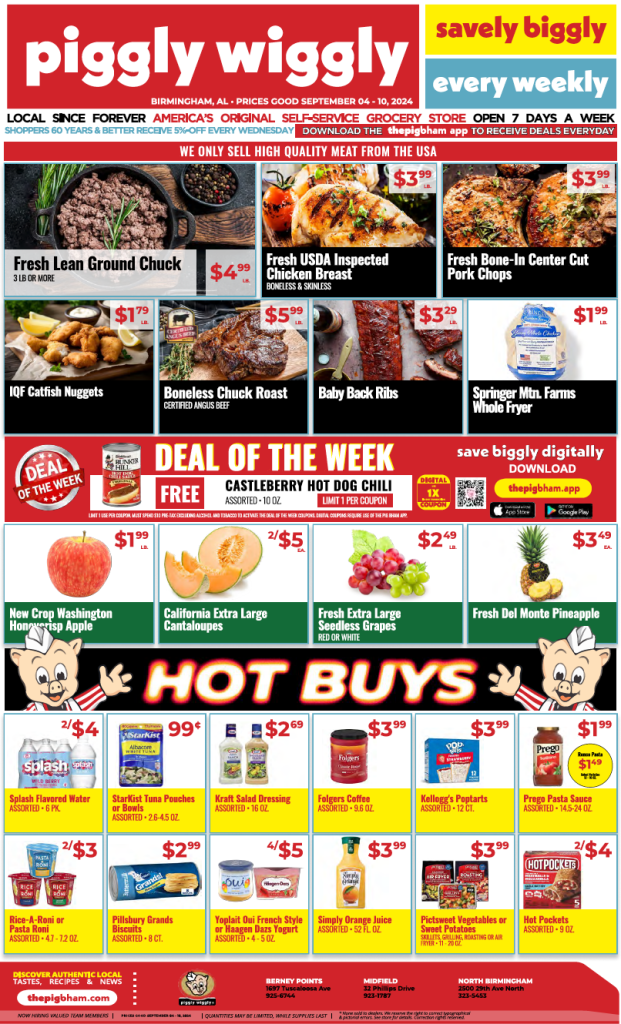 Piggly Wiggly weekly ad showcasing various deals, including discounts on fresh produce, meats, and grocery items, valid from September 4 to September 10, 2024.